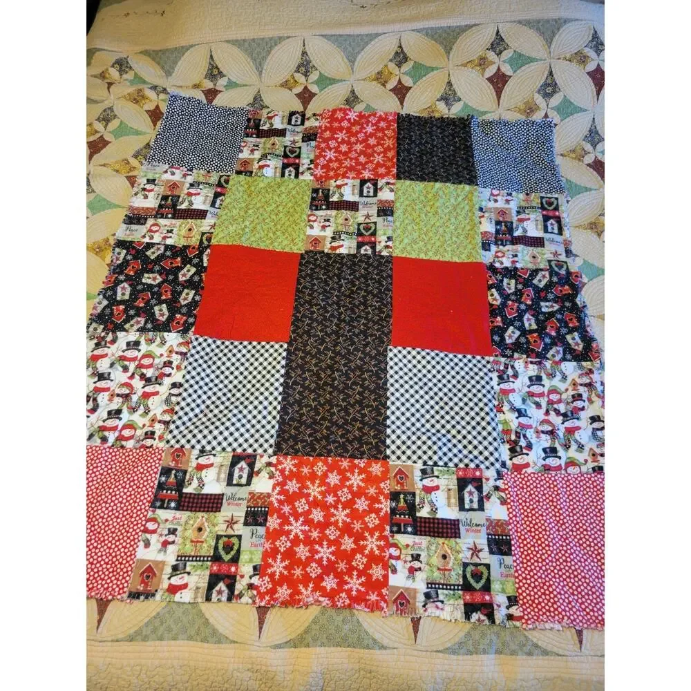 Handmade Snowman Rag Quilt Throw Farmhouse Christmas Holiday Blanket 43 x 48 in